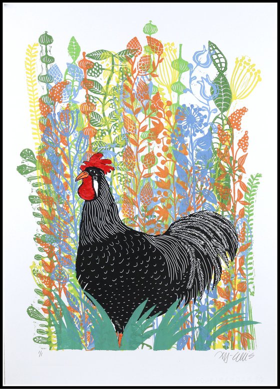 Rooster in the wild flowers