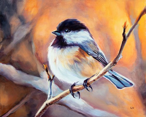 Chickadee bird portrait on a branch by Lucia Verdejo