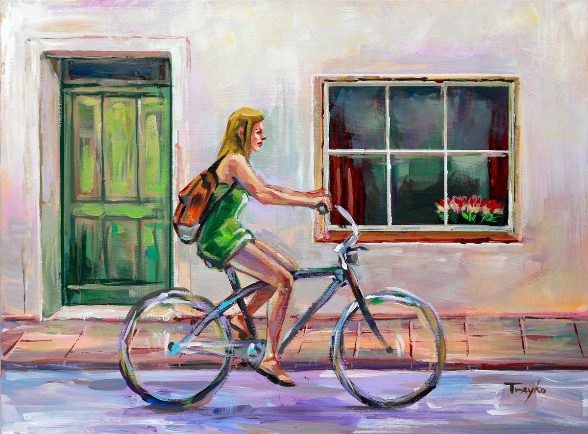 Impressionistic Portrait Acrylic Painting By Trayko Popov, 16 X 12", Palermo, Sicily. Beautiful Day. Bike. Autumn. Outdor. Road. Cycling Fast. Motorbike. Motorcycle. Speed., Artfinder