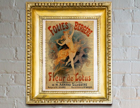 Folies Bergere Fleur de Lotus - Collage Art Print on Large Real English Dictionary Vintage Book Page