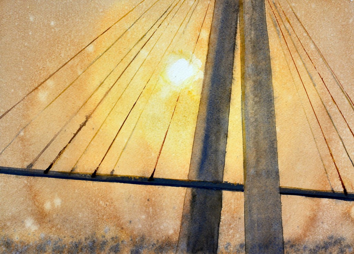 Bridge and sun Belgrade 25x36cm 2022 by Nenad Kojic watercolorist