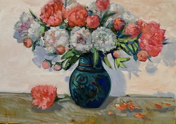 Peonies in Emerald Vase