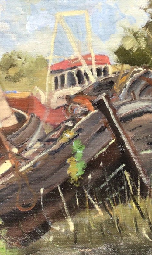 Retired fishermen, old boats at Kings Lynn, oil painting by Julian Lovegrove Art