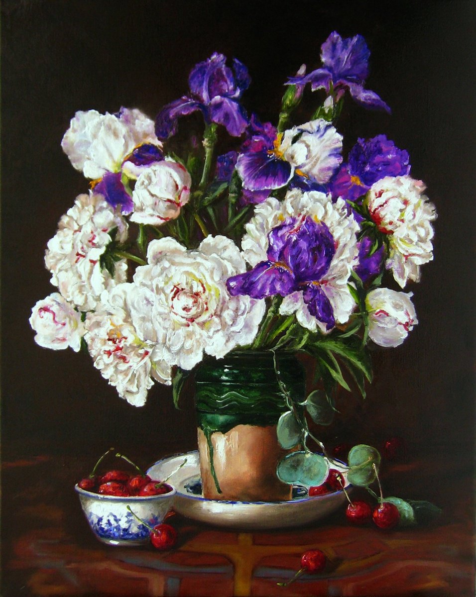 Photorealistic Oil Painting , Peonies And Irises In Vase By Natalia Shaykina, 20 X 26, Artwork For Sale On Artfinder