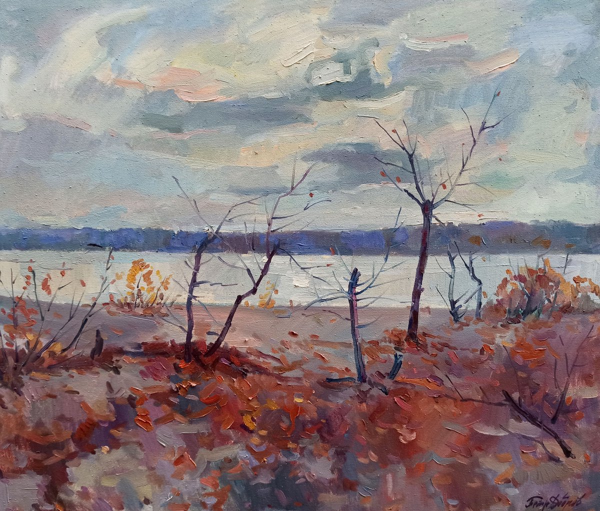 Impressionistic Landscape Oil Painting By Peter Tovpev, 31 X 28", Autumn Landscape, Original Artwork