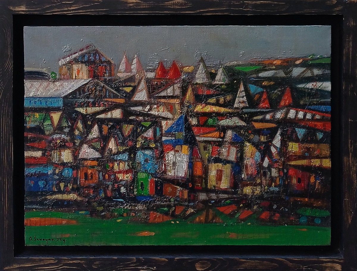 Abstract Cityscapes Oil Painting By Aram Sevoyan, 20 X 15, Village Of Lights, Original Artwork