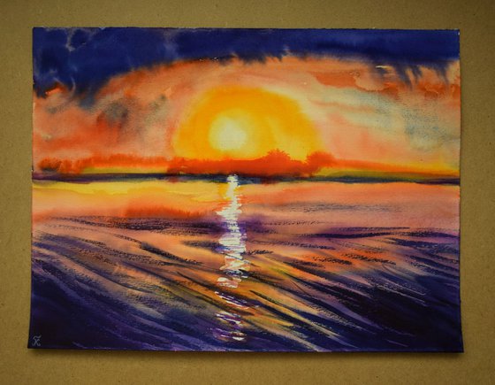 Sunset seascape original watercolor painting, coastal home decor