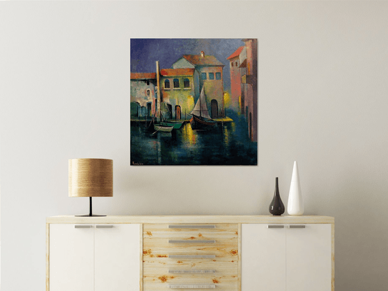 " Venice " Boats - 80 x 80cm Original Oil Painting