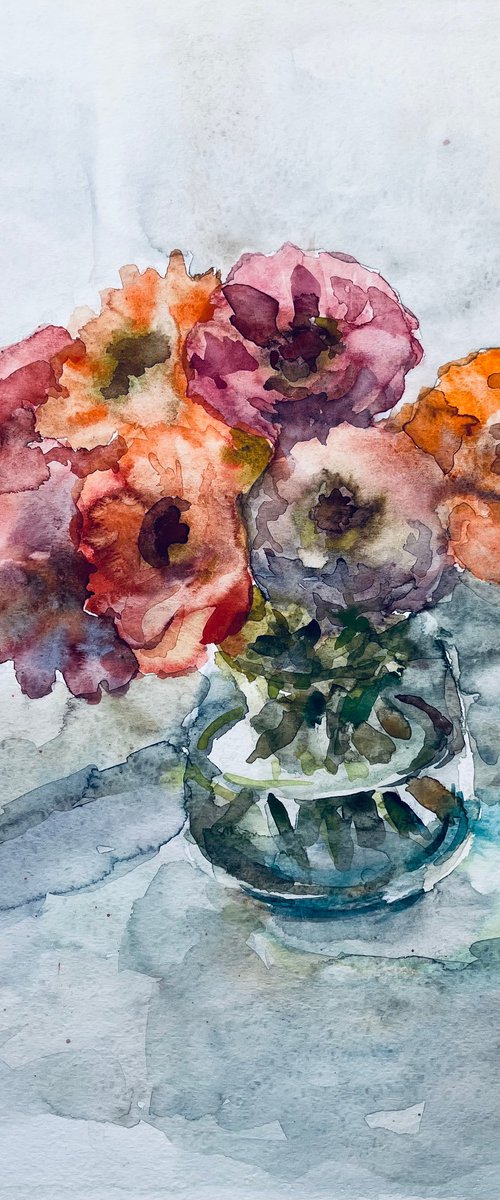 Bouquet of anemones. Original watercolour painting. by Elena Klyan