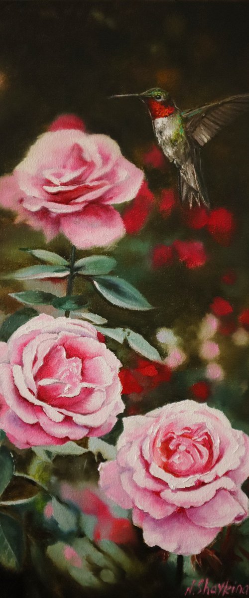 Ruby Throated Hummingbird and Pink Roses by Natalia Shaykina
