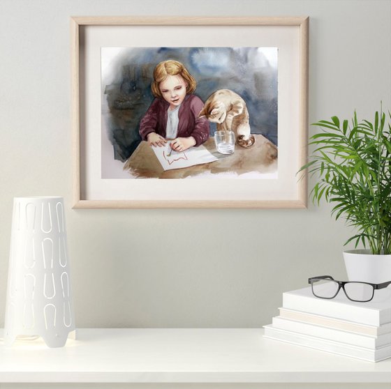 Best Friends - Cute Little Girl Painting with Her Best Friend, A Cat