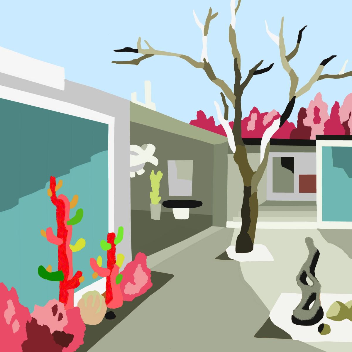 The backyard (El patio) (pop art, landscape) by Alejos - Pop Art landscapes