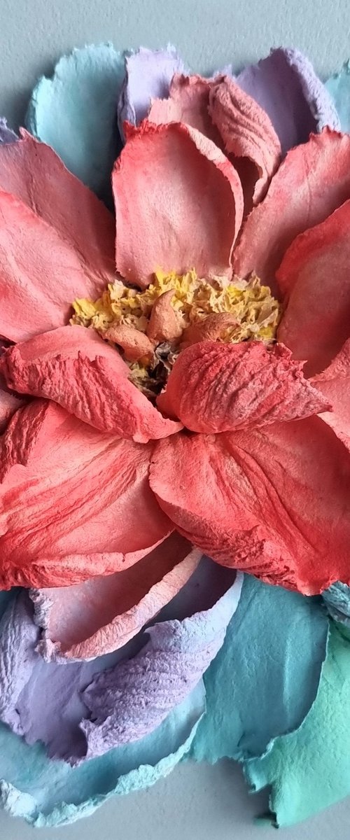 Flower panel rainbow peony 2. Small ceramic sculpture 3d flower with red and blue petals. Colourful peony botanical relief  - Xmas gift by Irina Stepanova
