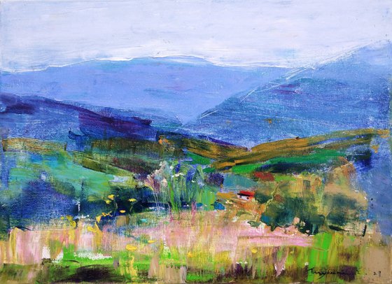 Mountain meadows. Freshness of herbs. Original oil painting