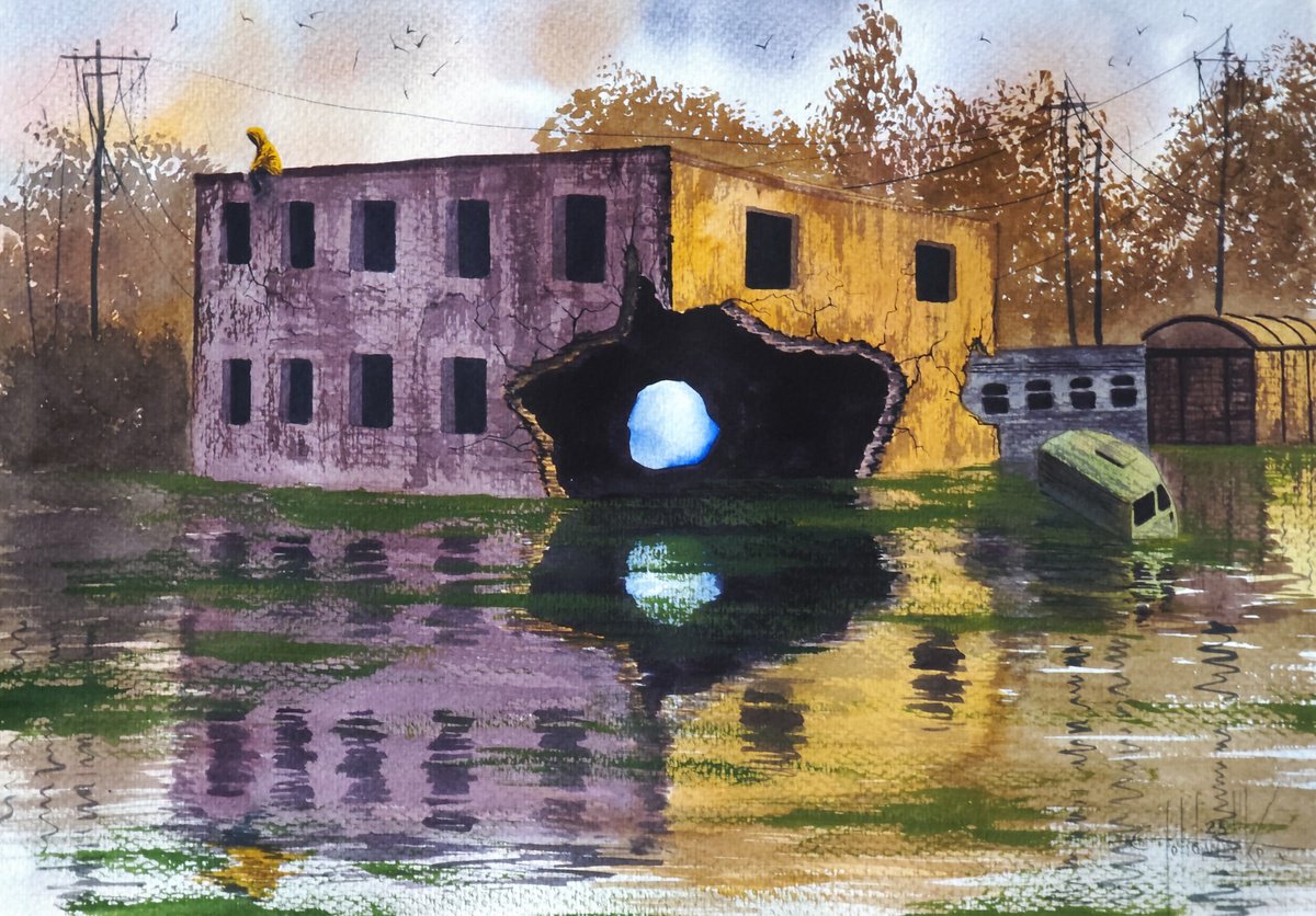 Photorealistic Landscape Watercolour By Eugene Gorbachenko, 18 X 13, S.t.a.l.k.e.r. 2 Portal, Original Artwork