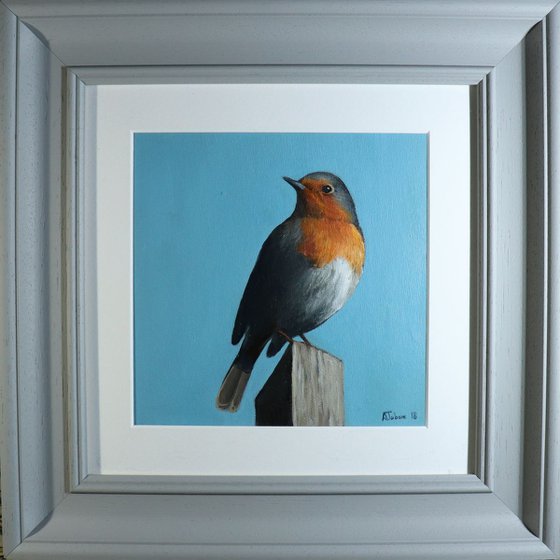 Robin on a Stump, Bird Artwork, Animal Art Framed