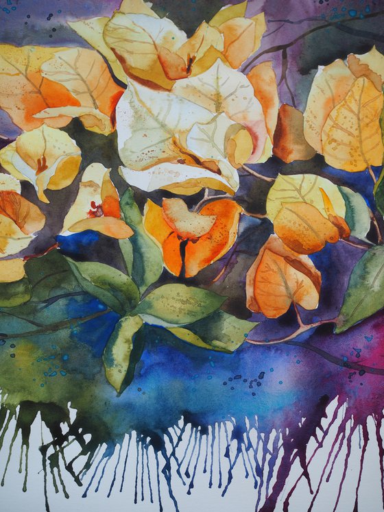 Yellow bougainvillea - expressive original watercolor flower, falling paint