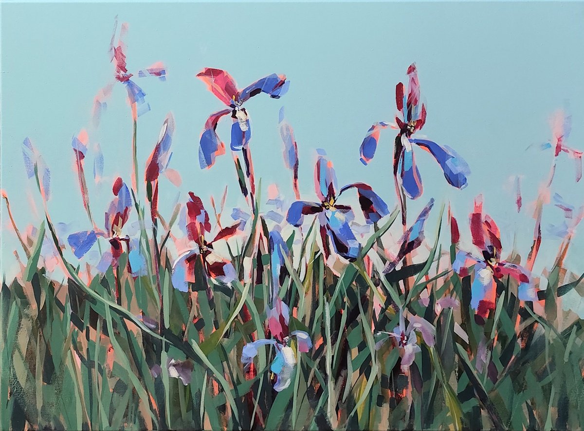 Impressionistic Botanical Acrylic Painting By Volha Belevets, 39 X 29", Wild Irises, Original Artwork