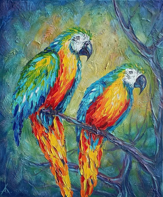 Love in the dark -  parrots oil painting, bird, parrots, love, painting on canvas, gift, parrots art, art bird, animals oil painting, for lovers