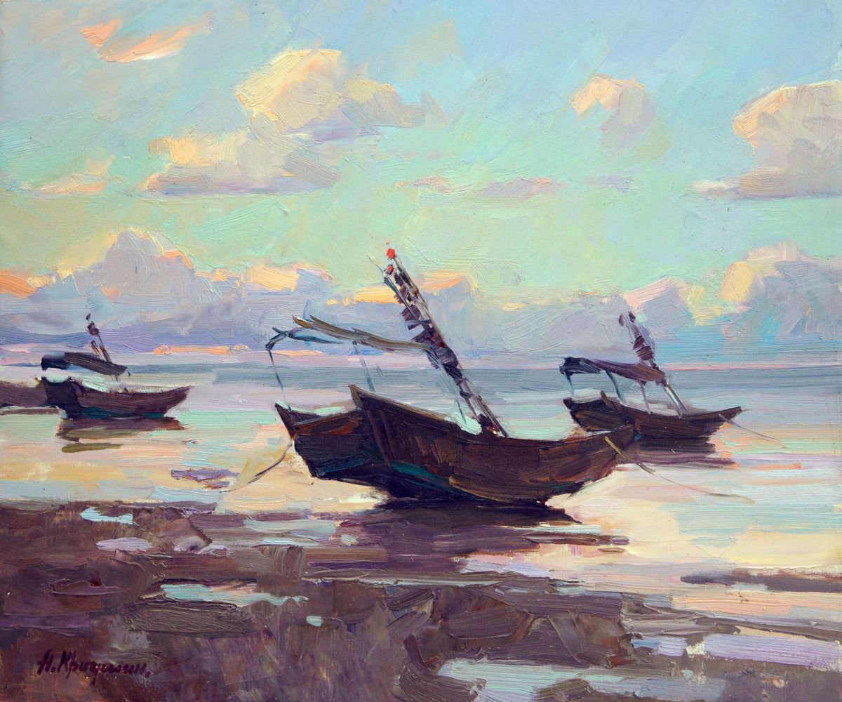 Impressionistic Landscape Oil Painting By Aleksandr Kryushyn, 24 X 20, Morning On The Beach. Outflow, Original Artwork