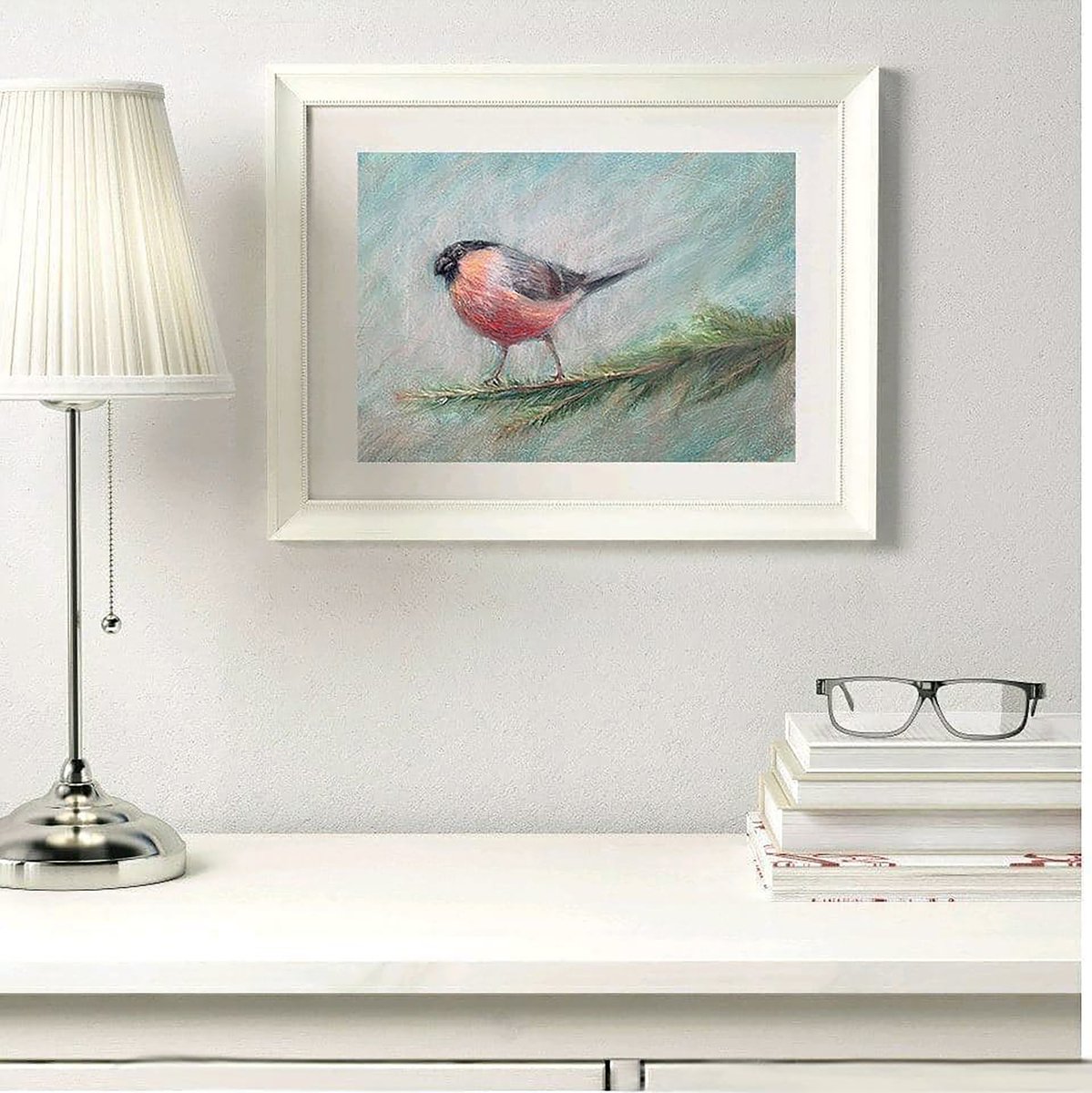 SNOWBIRD -Pastel drawing on paper, red color, turquoise, cold, nature, forest, green, smal... by Tatsiana Ilyina