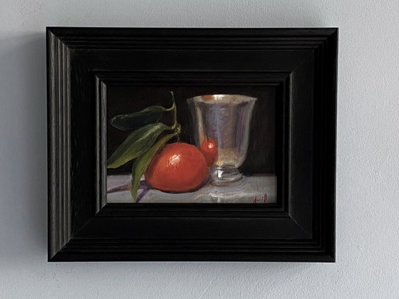 Orange and Silver Cup Original Oil Still Life Painting.