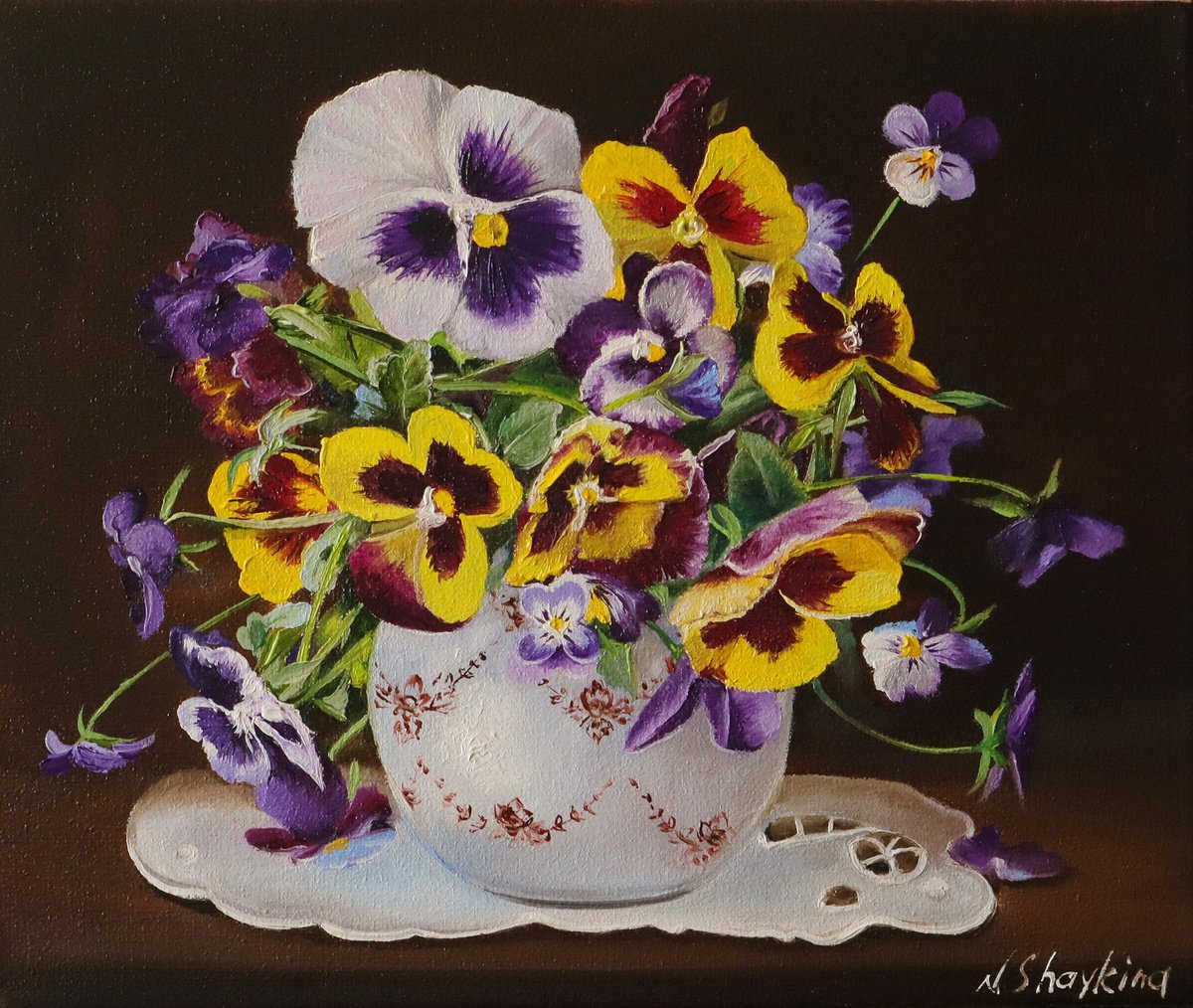Photorealistic Botanical Oil Painting By Natalia Shaykina, 12 X 10", Pansies, Original Artwork