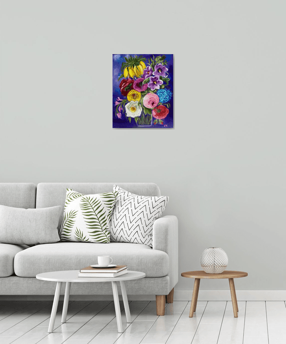 BOUQUET OF SUMMER FLOWERS   Fritillaria,  peonies, roses, hydrangea, mallow Still life Dutch style office home decor gift