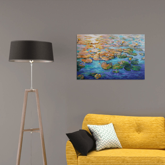 Painting - Water lilies at sunset - lily pond, original oil