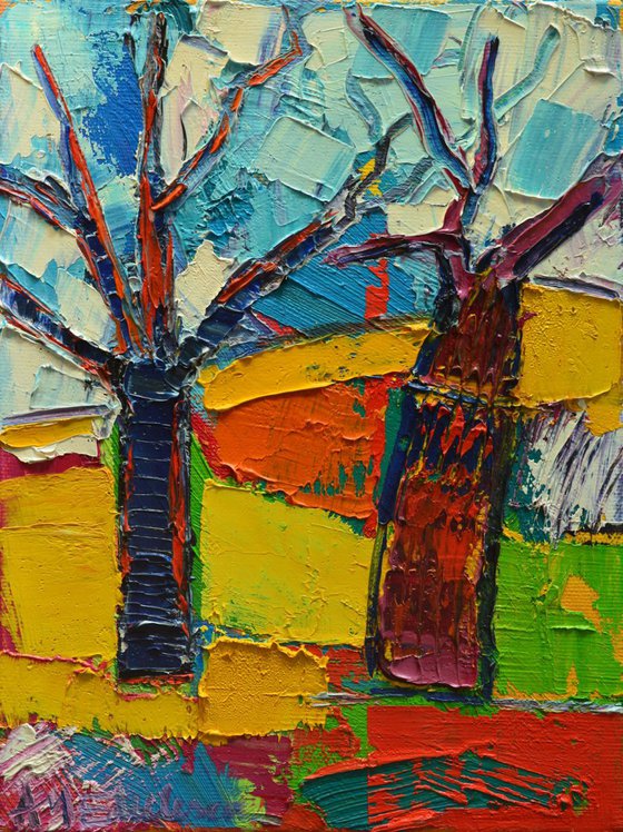 DANCING TREES - abstract landscape modern impressionist miniature palette knife oil painting