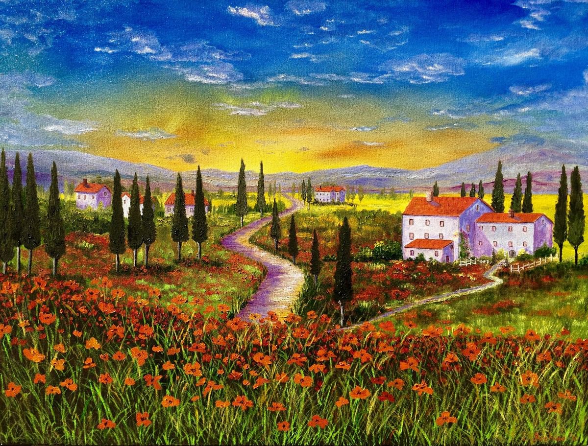 Impressionistic Landscape Oil Painting By Inna Montano, 40 X 30, Tuscany Sunset, Original Artwork
