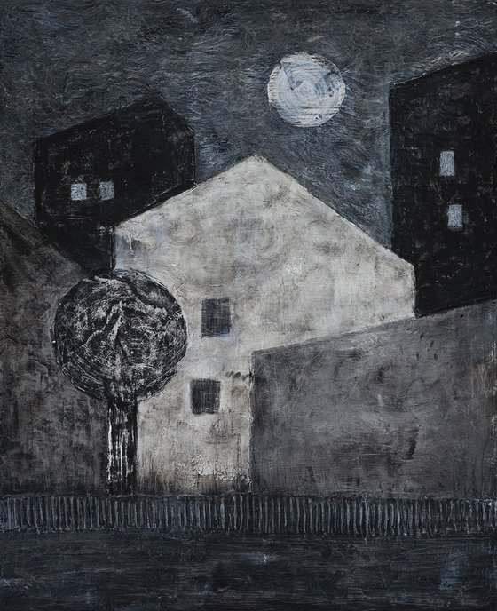 Moonlight over the City - monochrome mixed media painting