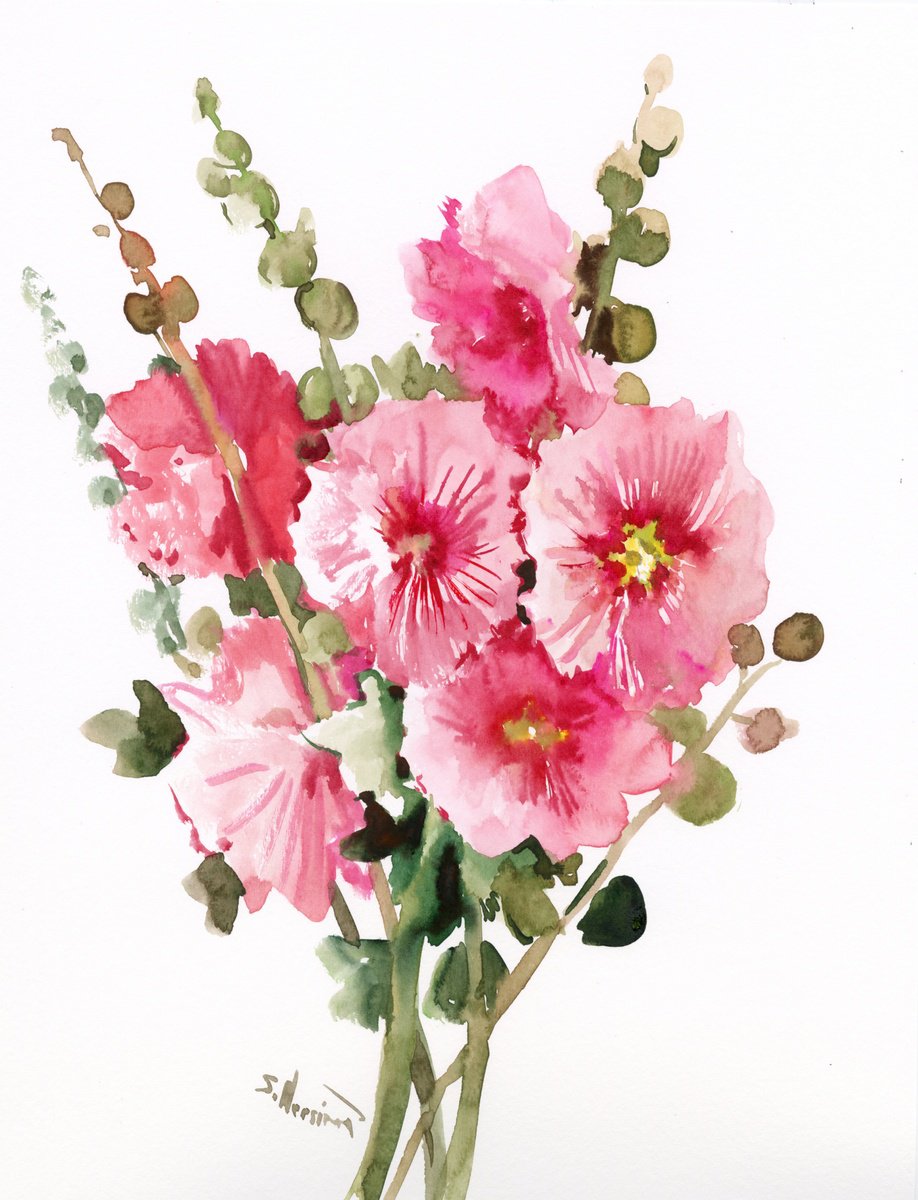 Hollyhock, Pink flowers by Suren Nersisyan