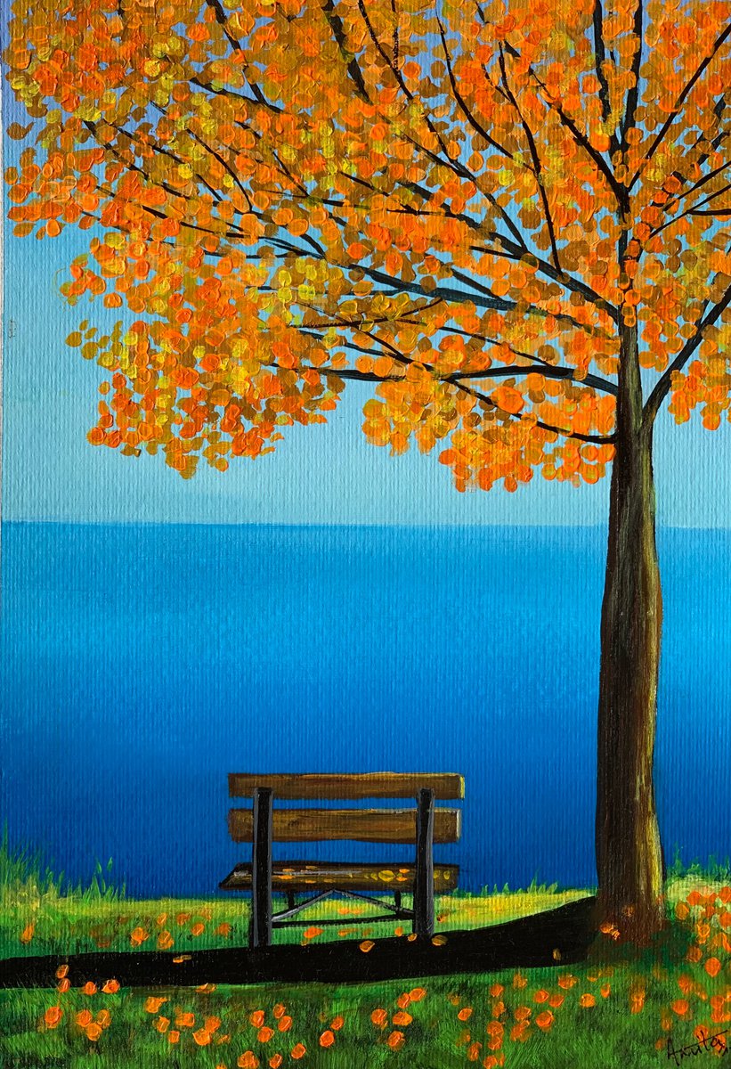 Autumn Bench ! A4 size Painting on paper by Amita Dand