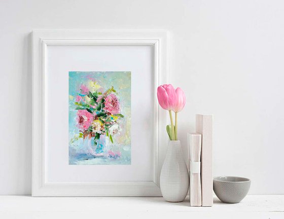 Roses Painting Original Art Floral Oil Painting Flower Bouquet Artwork Small Wall Art