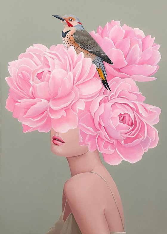 Girl with a bird and peonies