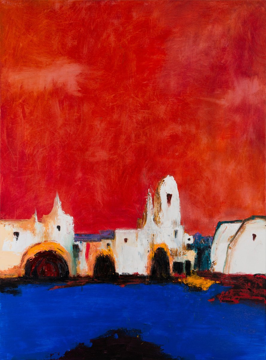 Impressionistic Landscape Oil Painting By Bohdan Katolyk, 20 X 28, Red Sky White City, Original Artwork