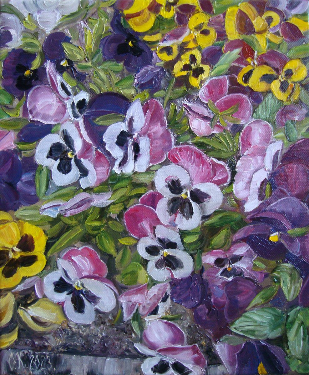 Impressionistic Botanical Oil Painting By Olga Knezevic, 10 X 12", Heartsease, Original Artwork