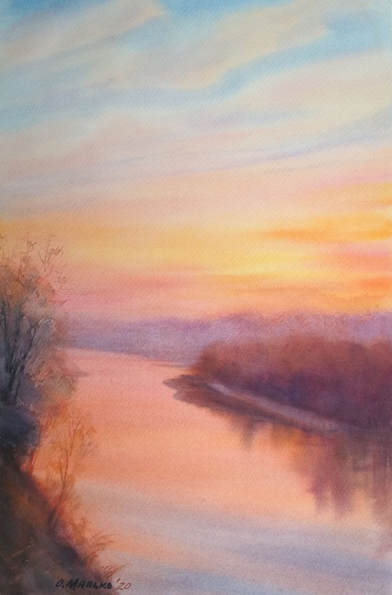 Morning. View from the train (Ранок на Василя) / Chernivtsi. Dawn at the river Prut. Sunri... by Olha Malko