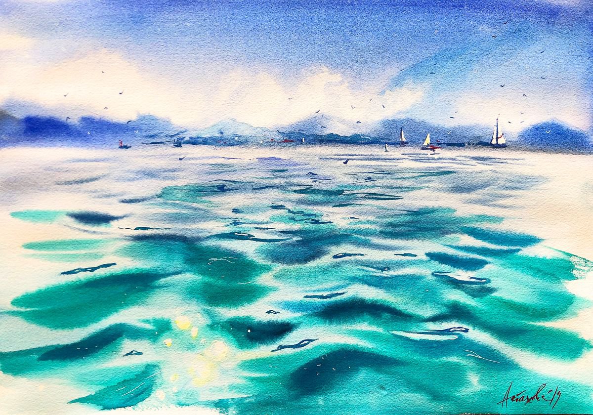 Impressionistic Landscape Watercolour By Ksenia Astakhova, 20 X 14", Lac Leman, Original Artwork