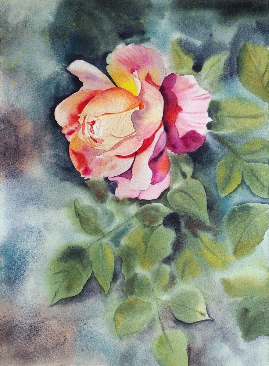 Impressionistic Botanical Watercolour By Delnara El, 11 X 15, Romantic Rose, Original Artwork