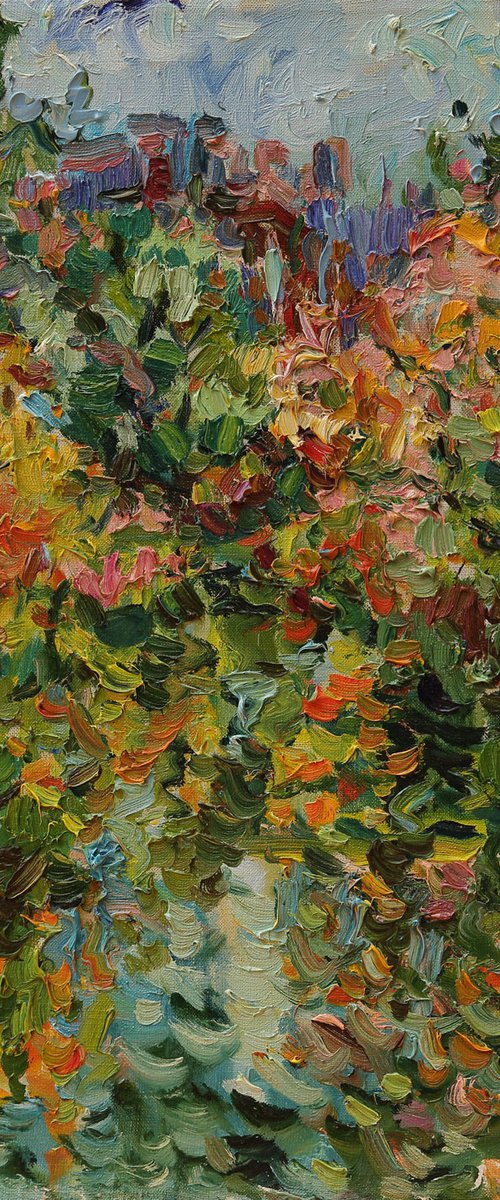 AUTUMN IN MOSCOW - landscape, original oil painting, nature green trees and plants by Karakhan