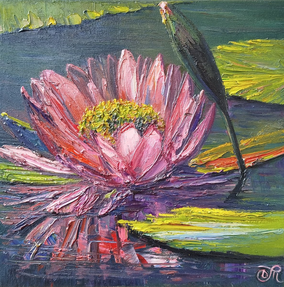 Impressionistic Botanical Oil Painting By Dmitrij Tikhov, 12 X 12, Lily In Water, Original Artwork