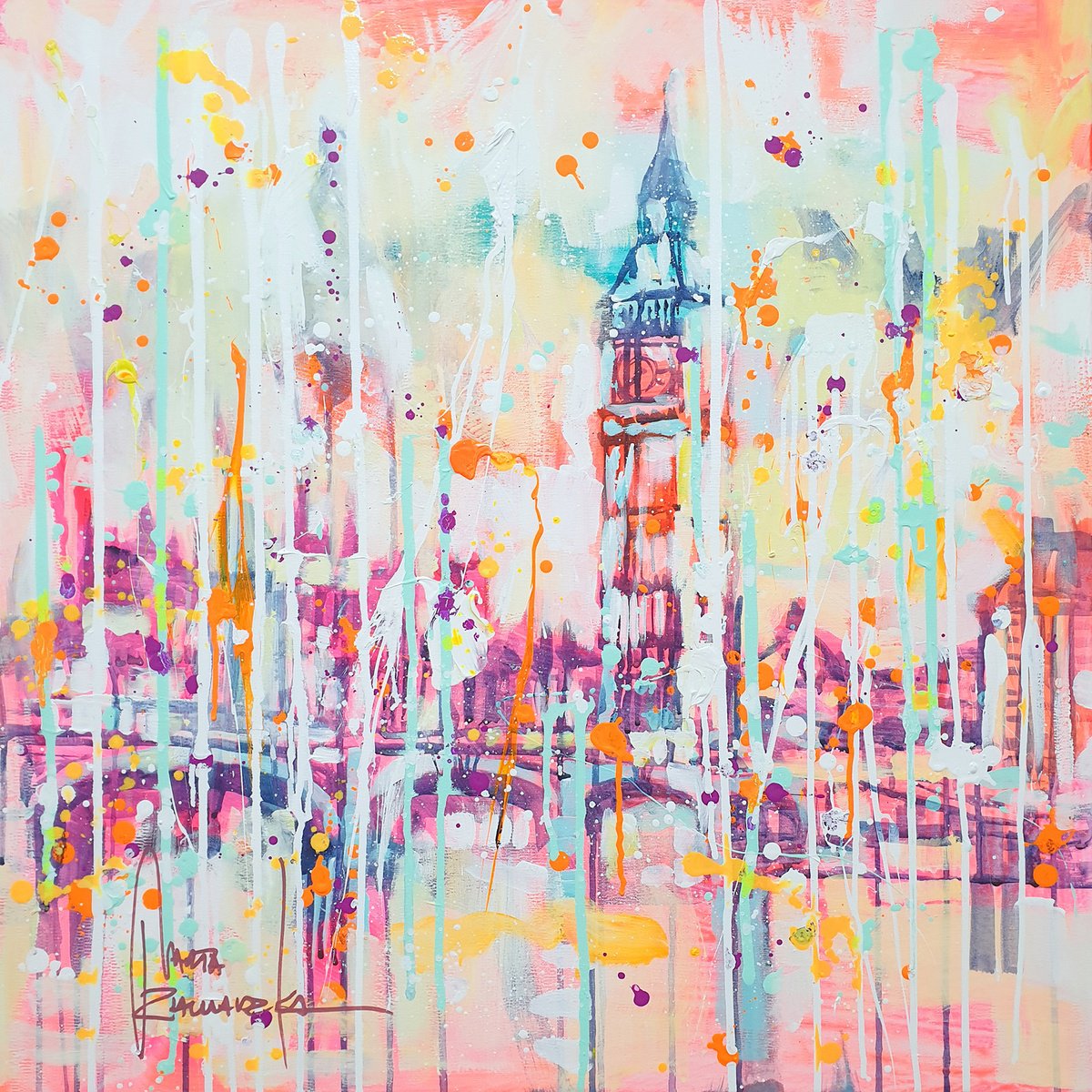 Impressionistic Cityscapes Acrylic Painting By Marta Zawadzka, 28 X 28", London Brightness, Original Artwork