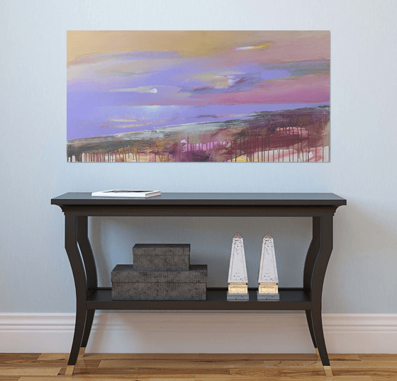 Bright horizontal painting - "Violet sunset" - Landscape - Expressionism - Seascape - Sunset