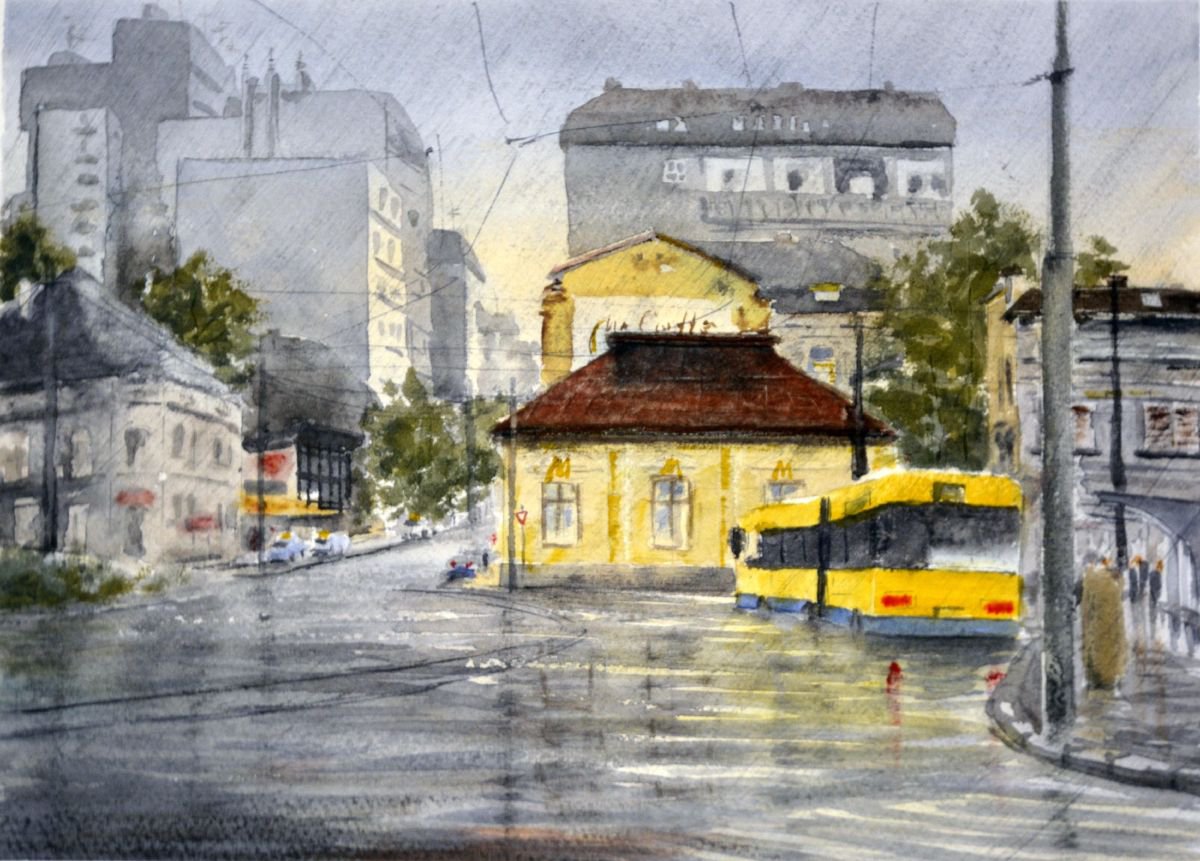 Rain on Slavija square - original watercolor painting by Nenad Kojic by Nenad Kojic watercolorist