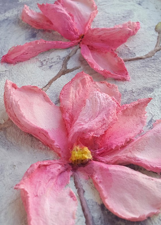 Sculptural painting, pink flowers impasto art Magnolias