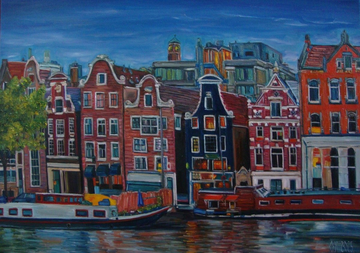 Photorealistic Cityscapes Oil Painting By Olga Knezevic, 28 X 20", Amsterdam, Original Artwork