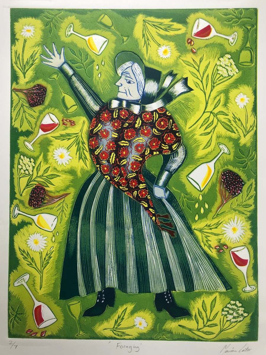 Illustrative Portrait Linocut By Marian Carter, 15 X 20", Foraging, Original Artwork