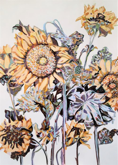 Sunflowers / 100 x 70 cm, Acrylic on paper , Large format by Alexandra Djokic